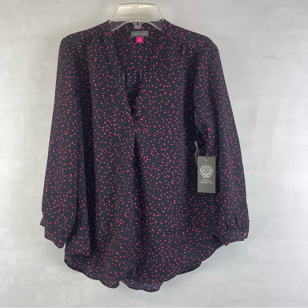 Vince Camuto Speckled Confetti V Neck 3/4 Sleeve Black&Pink Blouse‎ Sz XS NWT